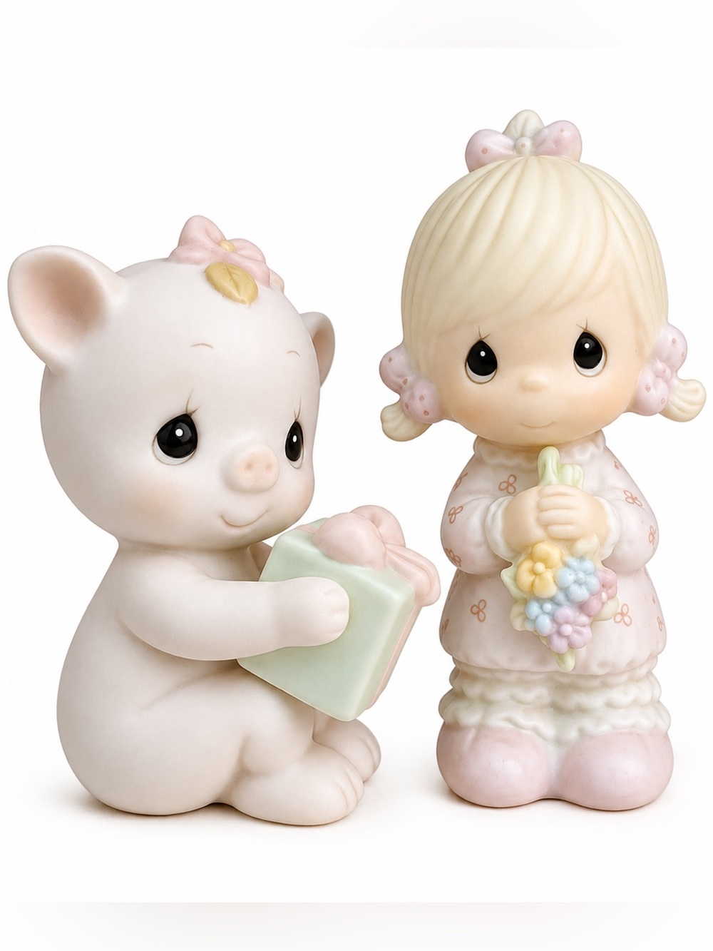 Precious Moments Girl Flowers & Pig Figurines Porcelain Set Pastel Decor vintage